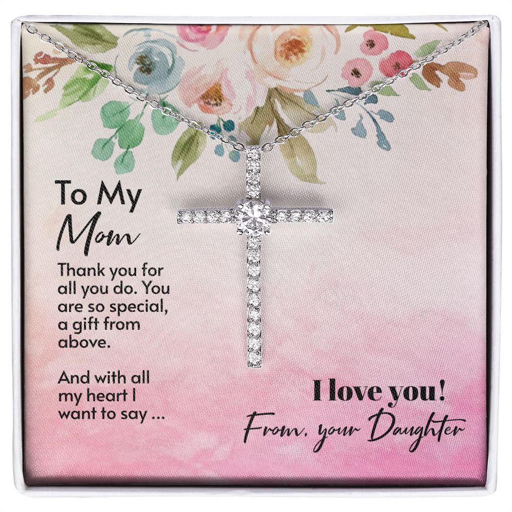 Mom CZ Cross Necklace w/ Message Gift Card